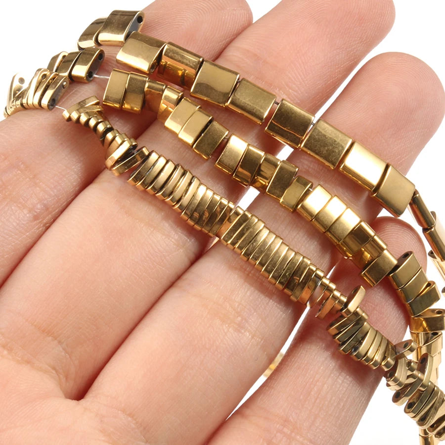 Wholesale 1/2/5MM Double Hole Irregular Shape Gold Plated Natural Semi Gemstone Loose Hematite Beads 38cm Strand Jewelry Making
