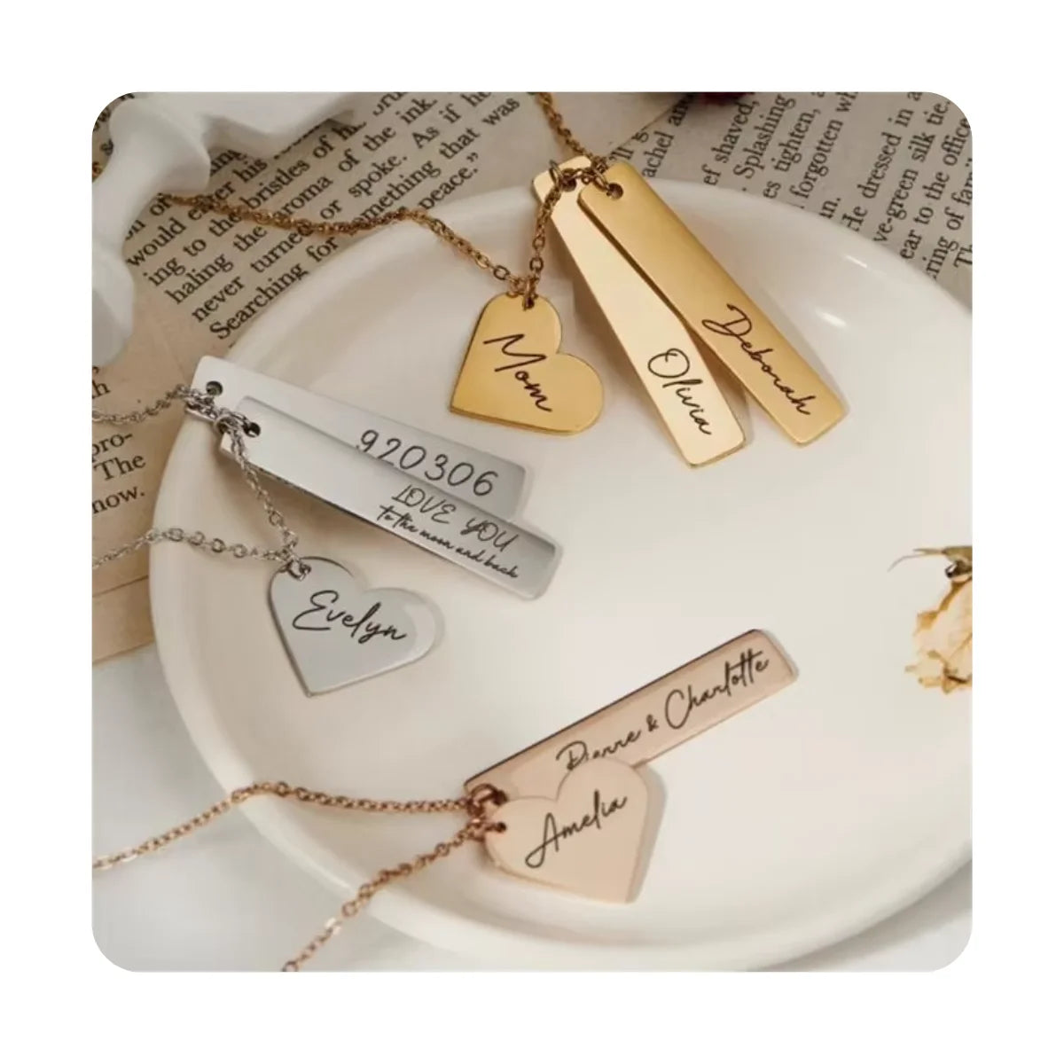 Gold Plated Stainless Steel Engravable Jewelry Blanks Custom Engraved Alphabet Name Rectangle Bar Heart Charm Necklace Jewelry