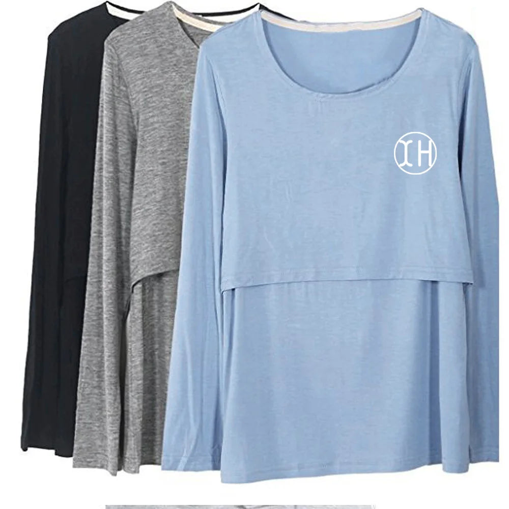 Double Layer Women Breastfeeding Long Sleeve Cotton O-Neck Solid T-shirt Nursing Modest Feeding Maternity Top for Mom