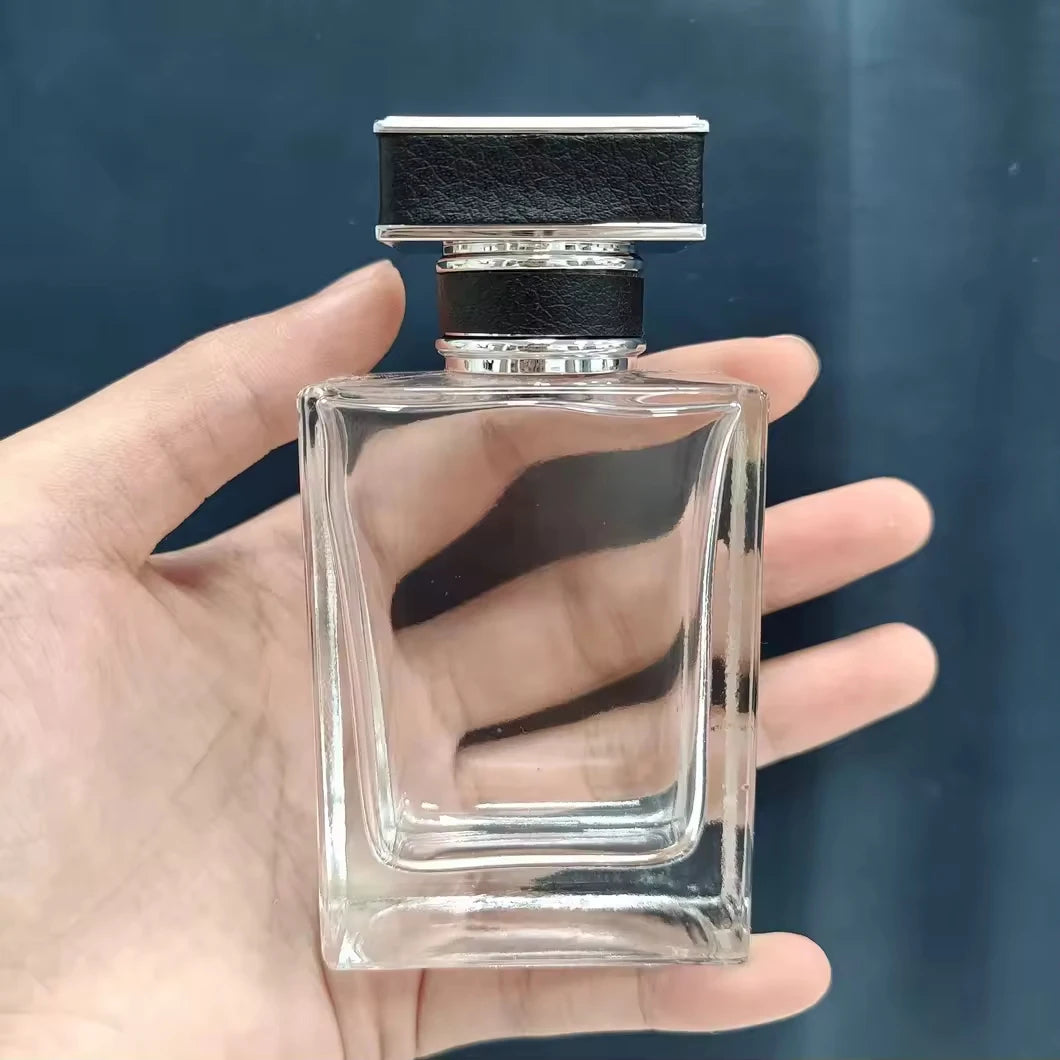 New Design 100ml Clear Thick Bottom Rectangle Easy Crimp Perfume Glass Spray Bottle With Leather Cap