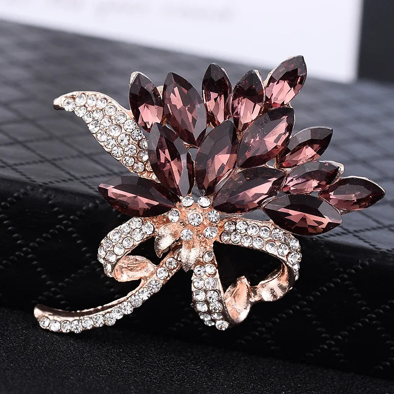 Wholesale Diamond Crystal Bauhinia Flower Brooch Pin Multi Color Rhinestone Flower Brooch for Women