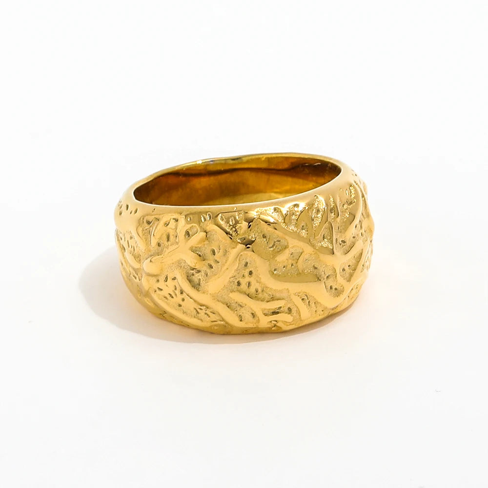 Fenny 18K Gold Plated Tarnish Free Minimalist Chunky Rough Meteor Crater Band Stainless Steel Finger Ring for Women