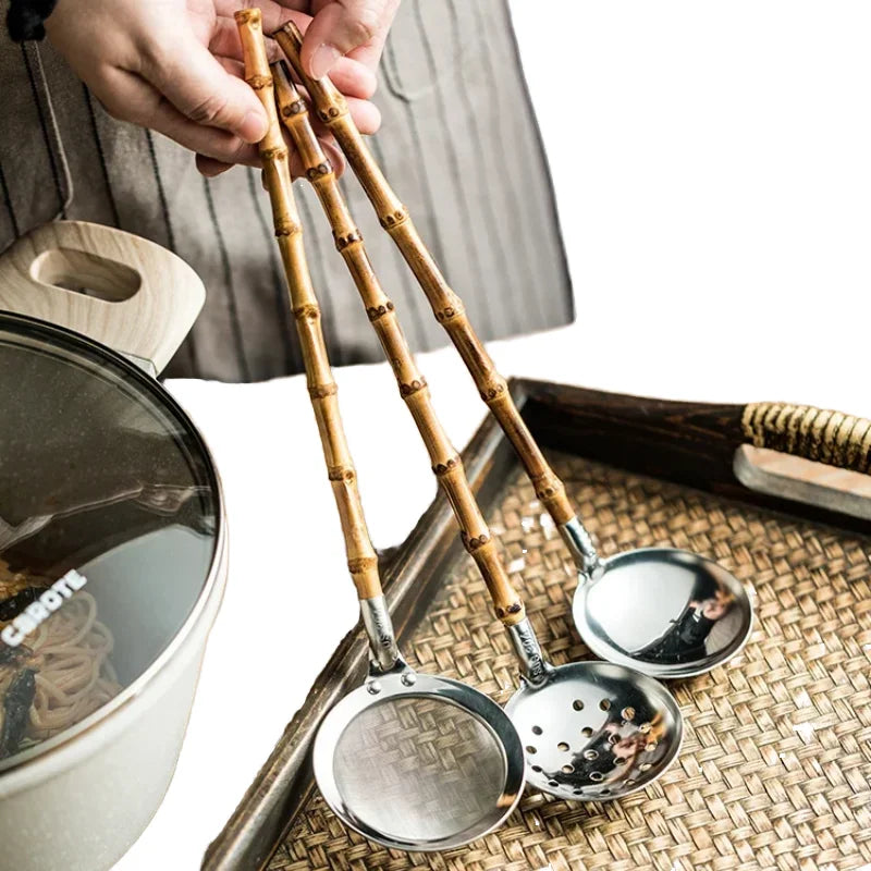 Premium SUS304 Stainless Steel Soup Ladle Skimmer Set Natural Bamboo Root Handle Hot Pot Spoon Strainer for Asian Cooking