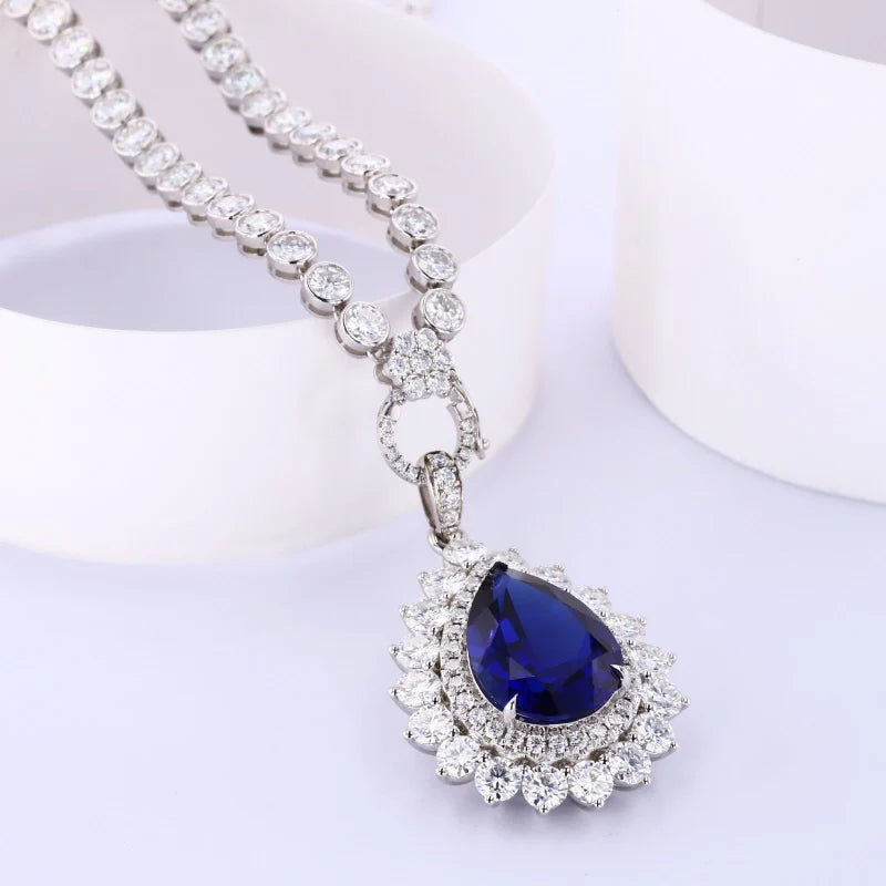 Starsgem Hip Hop Royal Blue 9k Gold Necklace Moissanite Pendant Lab Grown Gemstone Tennis Chain Necklace