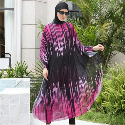 MOTIVE FORCE Customized 4 Pieces Burkinis Long Sleeve Print Muslim Swimwear Womens Beach Swimsuit Muslim Woman Borkini