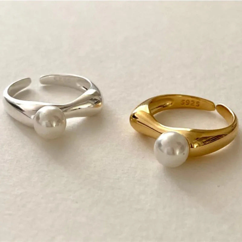 Women 18K Gold Plated Freshwater Pearl 925 Sterling Silver Geometric Open Ring