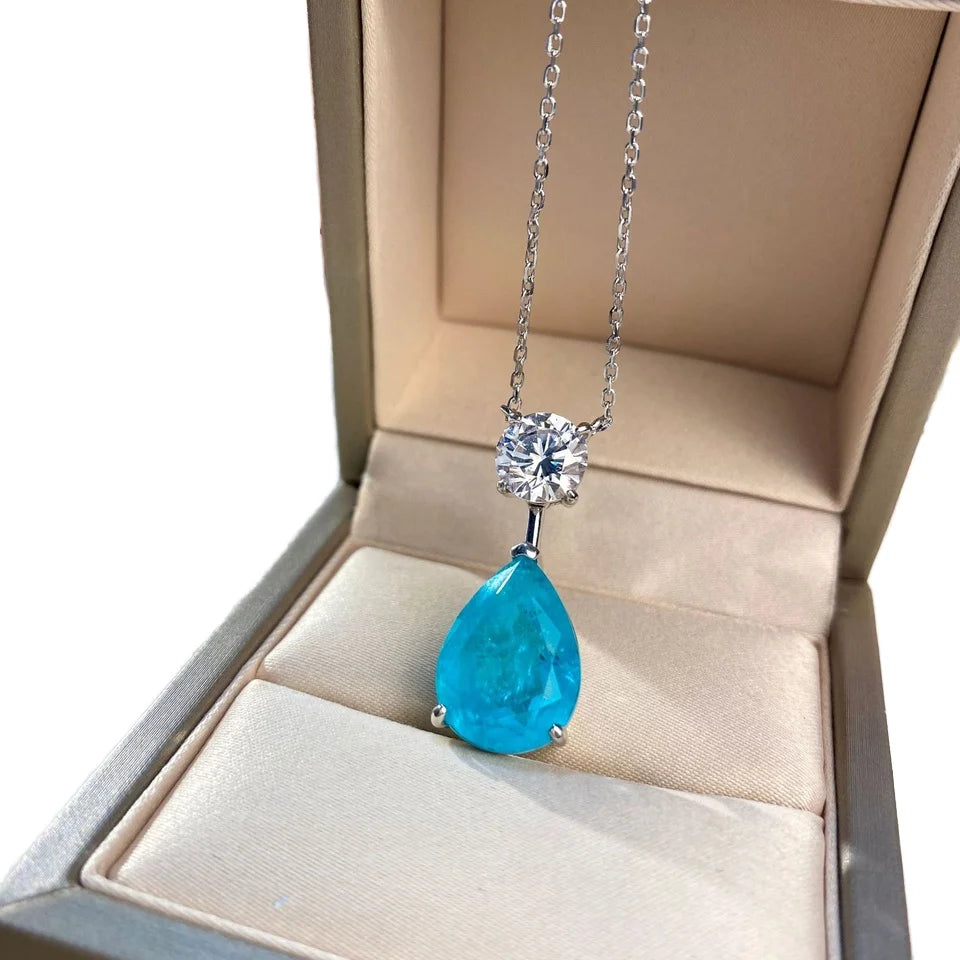 Best 925 Sterling Silver O Chain Pendant Necklace Natural Paraiba Tourmaline 12*16 mm Pear Cut Blue Gifts Weddings Engagements
