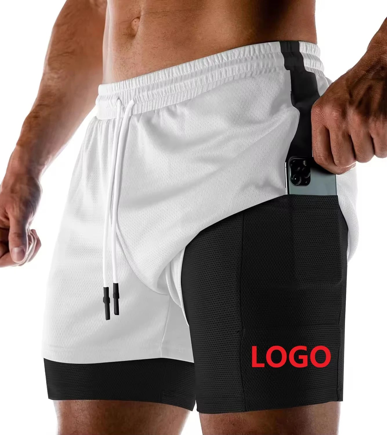 Men's 2-1 Running Shorts Quick Dry Sports Shorts with Zippered Pockets and Alternating Colors Drawstrings on the Side Seams