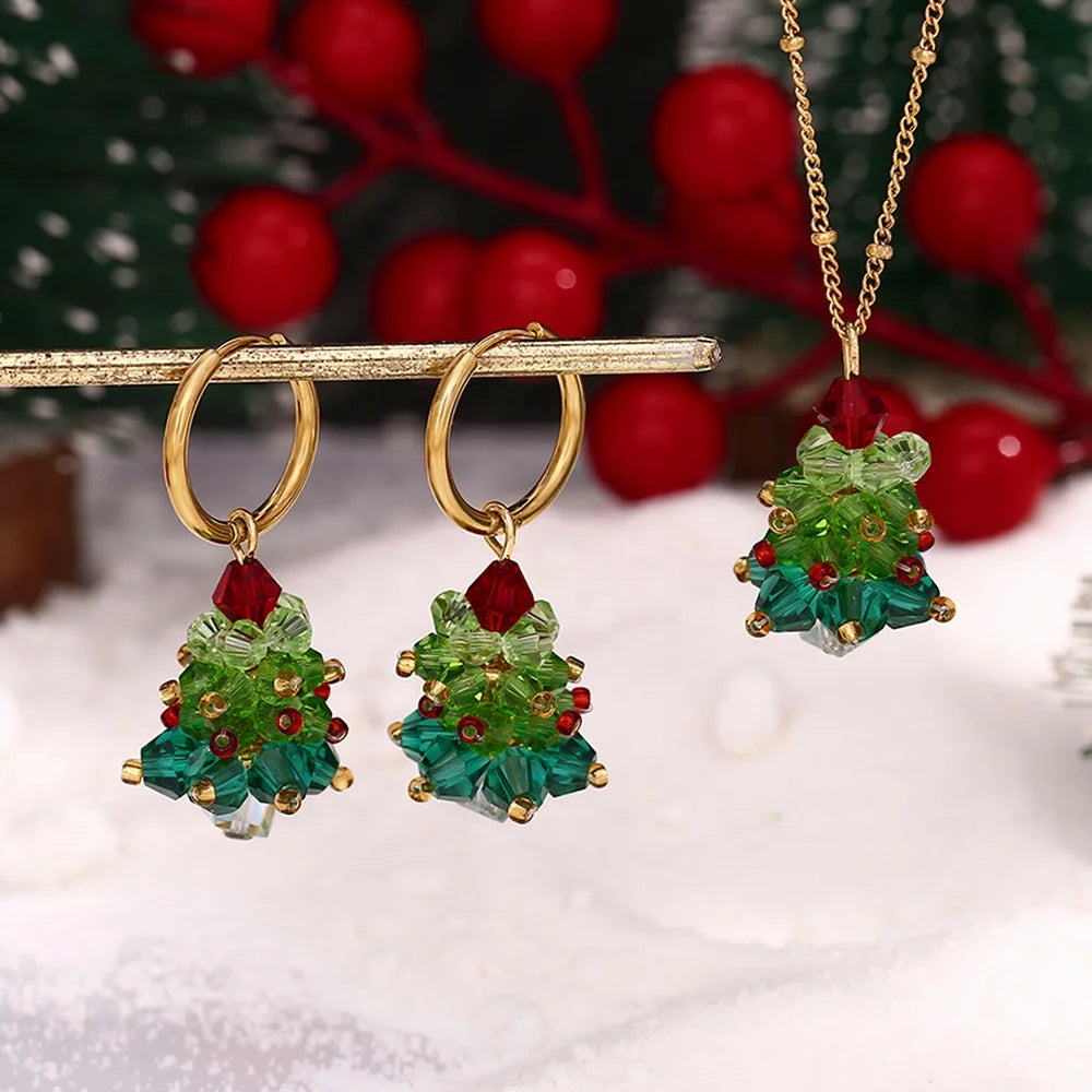 Dreamshow Christmas Tree Jewelry Gift for Women Colorful Crystal Pendant Necklace and Earrings Set