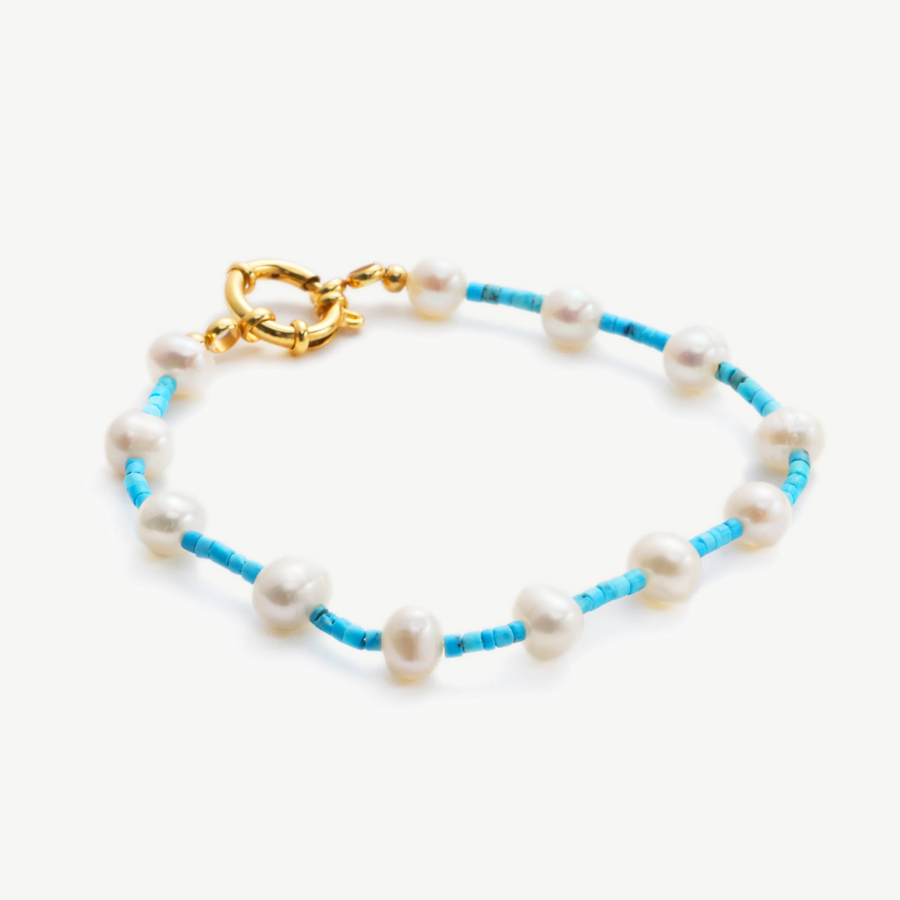 Chris April 316L Stainless Steel 18k PVD Gold Plated Freshwater Pearl Natural Turquoise Beads Rudder Clasp Bracelet