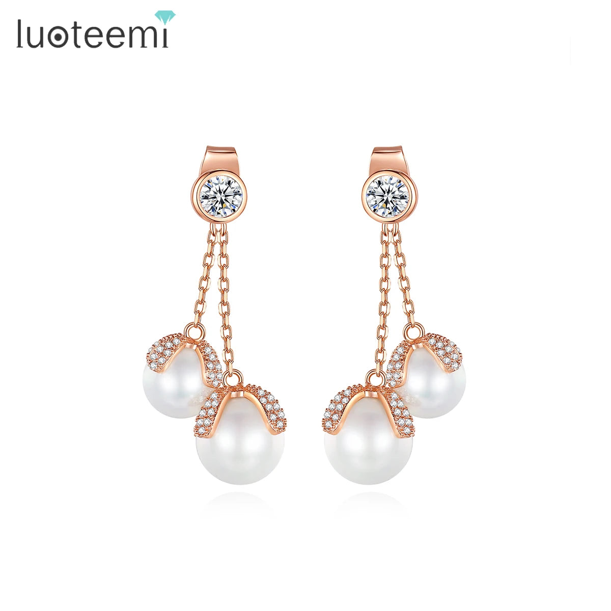 LUOTEEMI Wholesale Rose Gold Elegant Perfect Round High-end Jewelry Stylish Zircon Micro Paved Sea Shell Pearl Dangle Earrings
