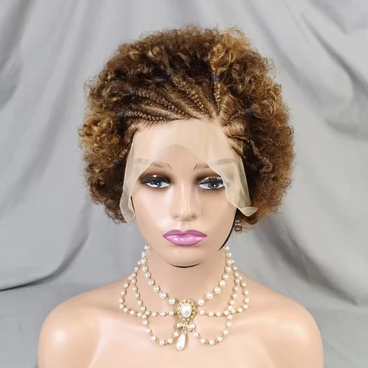 New Arrival Braids Afro Curls Pixie Cut Frontal Human Hair Wig Color 4/30 Afro Curly 13x4 Full Frontal Lace Wigs