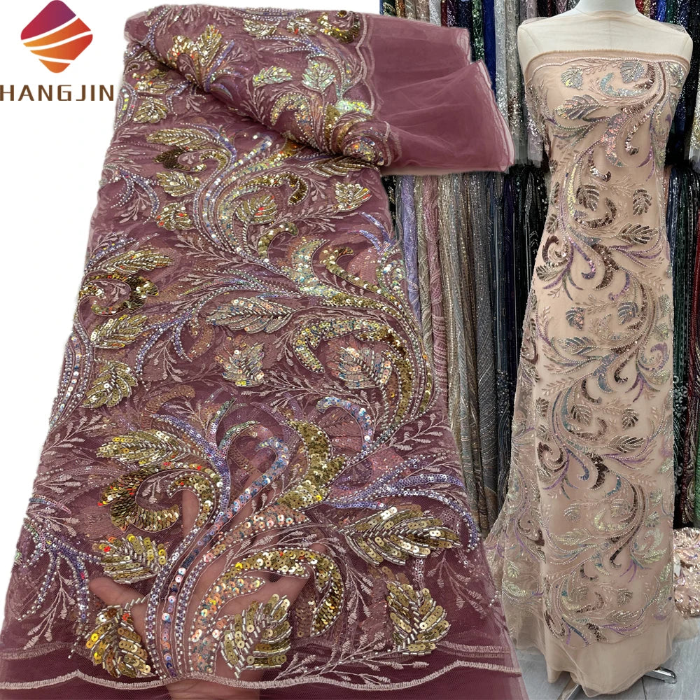 High Quality Sequins Tulle Embroidery Heavy Beaded Luxury 3D Mesh African Lace Fabric With Sequence for Bridal Dress