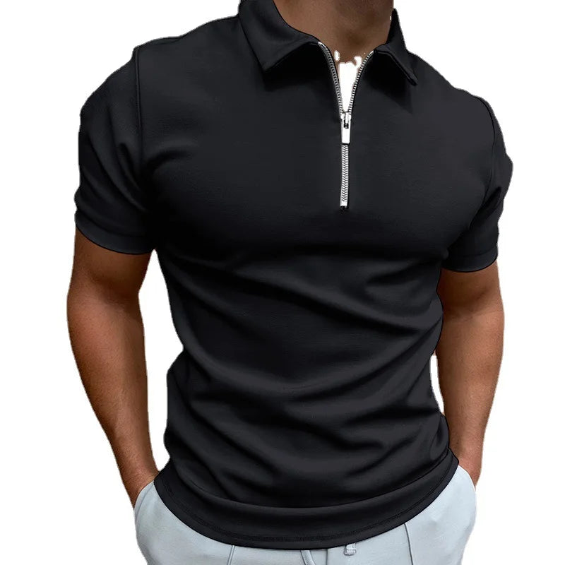 Summer Men's Fashion Casual Thin Solid Color Short-Sleeved Polo Shirt Lapel Zipper Business Gentleman Golf Top
