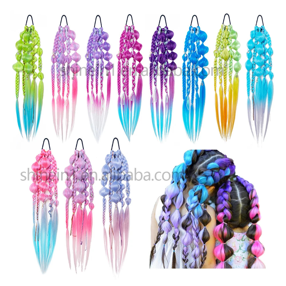 Hot Sale Pre Stretch Unicorn Lantern Braiding Hair Ponytail Mermaid Colored Easy Crochet Bubble Hair Braid Extensions for Kids