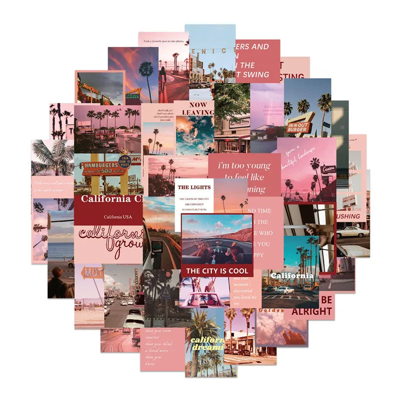 50PCS Pink California Street Sticker Waterproof Stickers Luggage Skateboard Water Bottle Stickers Decal Bicycle Bumper Snowboard