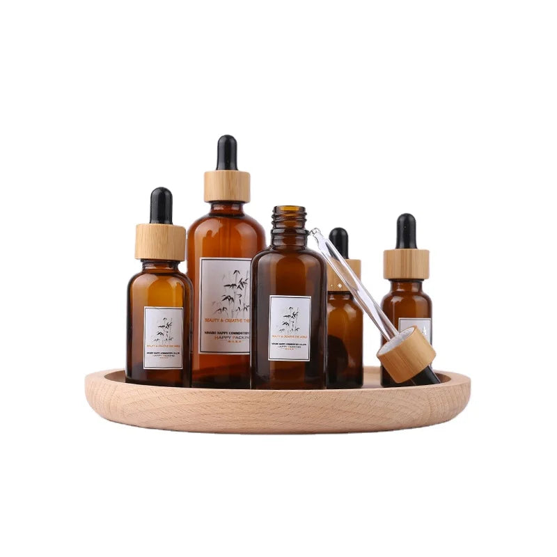 Factory 20ml 30ml 50ml 100ml Amber Glass Dropper Bottle Bamboo Lid Serum Eye Essential Oil Glass Bottle With Dropper