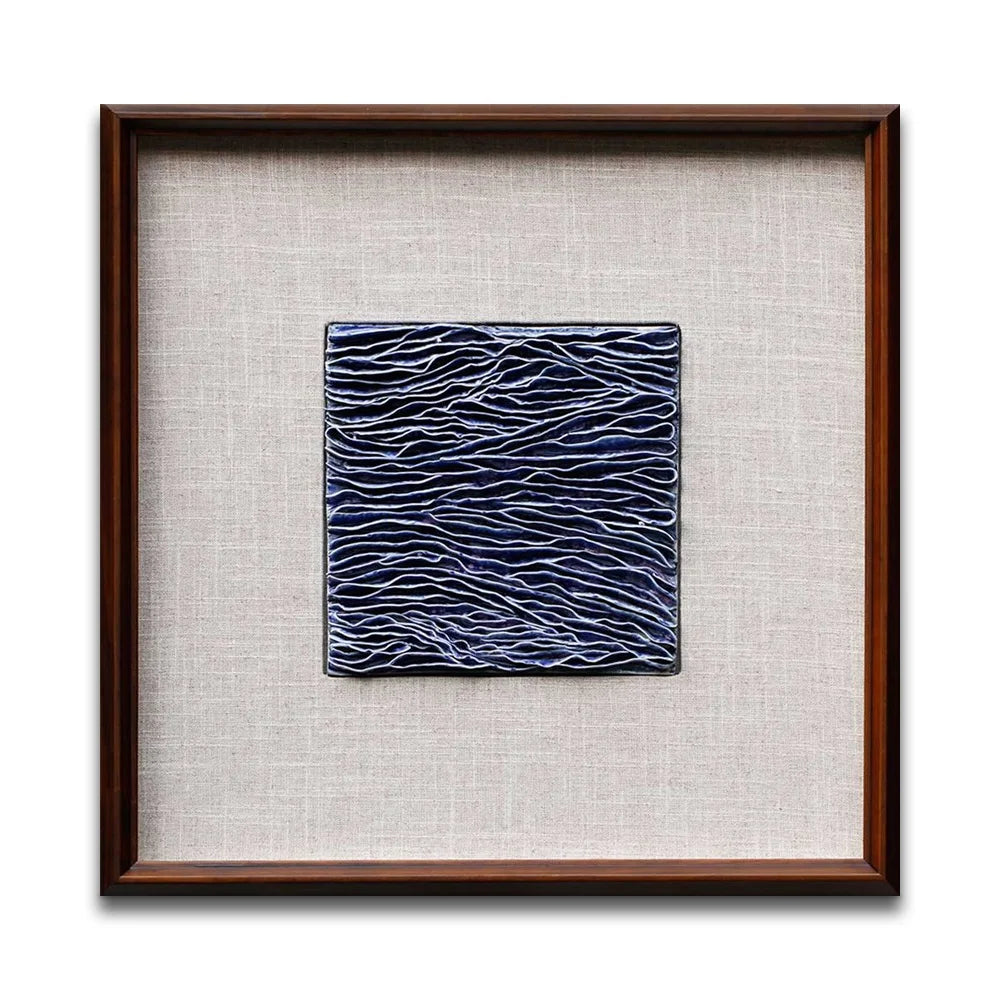 Hotel Decor Klein Blue Pleats Waves Pottery Art Refractory Ceramics Artwork With Wood Frame