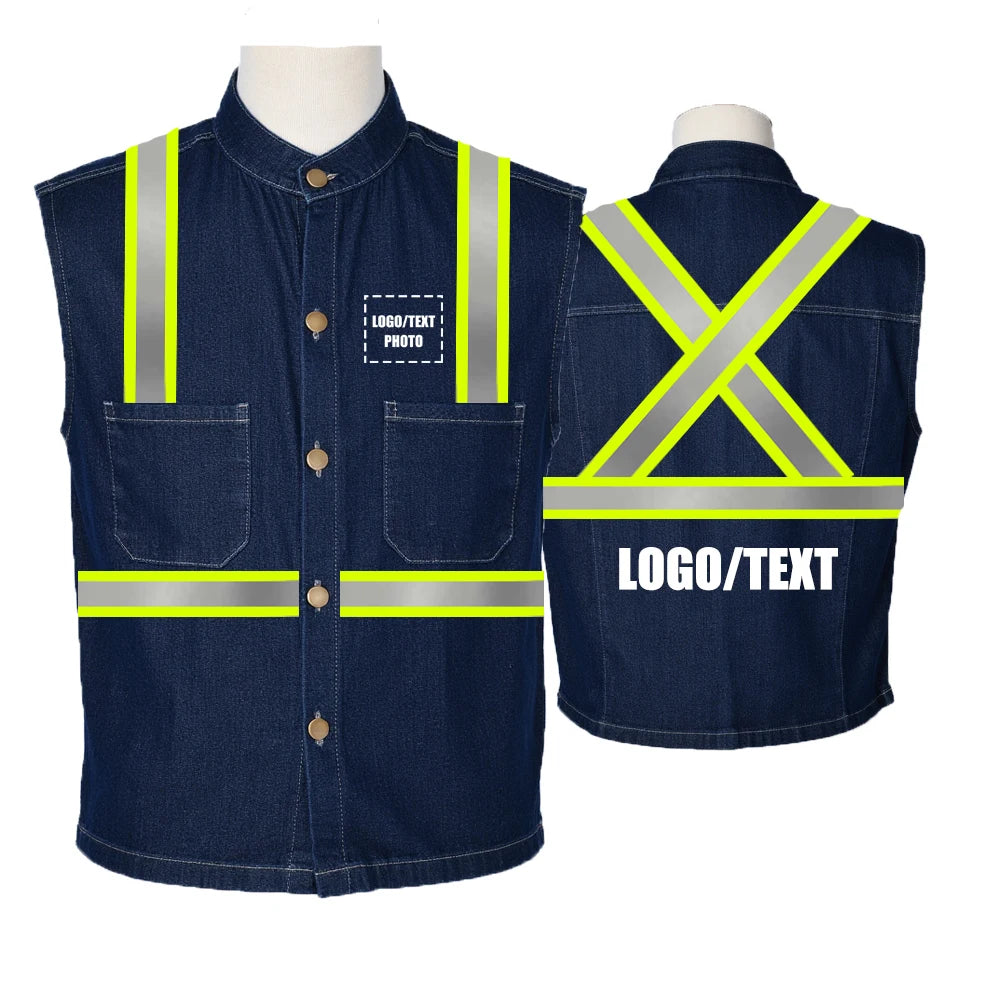 Hi Visibility  Reflective Personalized Cool Denim Motorcycle Vest With Logo