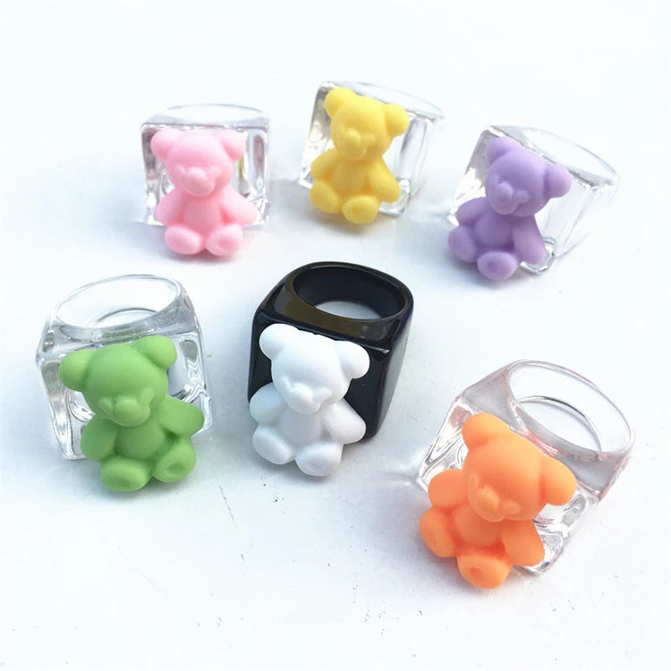 Cute Funny Cartoon Colorful Animal Resin Rings Clear Transparent Wide Chunky Finger Ring Lovely Gummy Bear Acrylic Ring