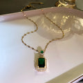 Retro Style Copper Gold Plated Link Chain Emerald Pendant Necklace Micro Inset Crystal Emerald Stone Square Necklace Earrings