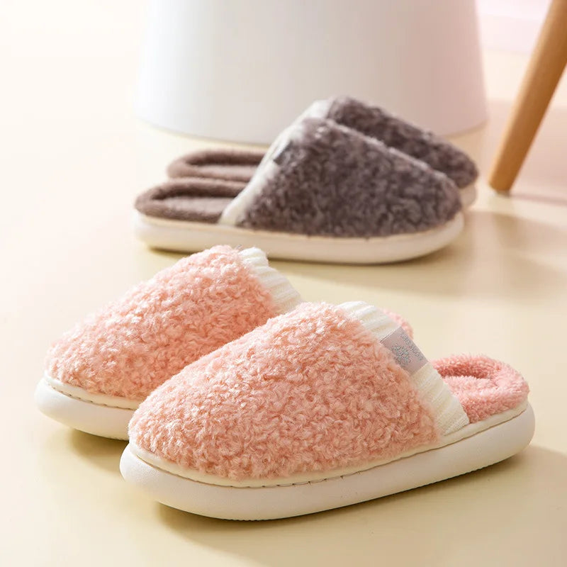 New Winter Plush Ribbed Cotton slippers Women Thick Sole High-end Indoor Non-slip Home slippers