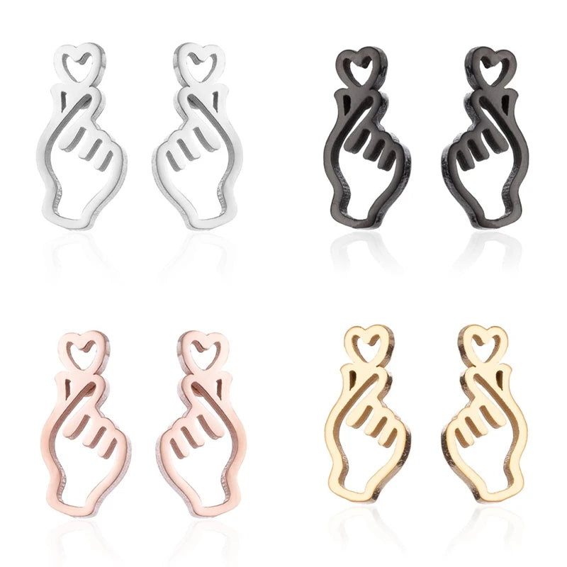 Lovely Non Tarnish PVD Plated 18K Gold Silver Women Stainless Steel Finger Heart Stud Earring Jewelry