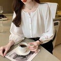 3080# Solid Women Blouse Tops Summer Female Turn Down V-neck Long Sleeve Button Casual Office Shirts