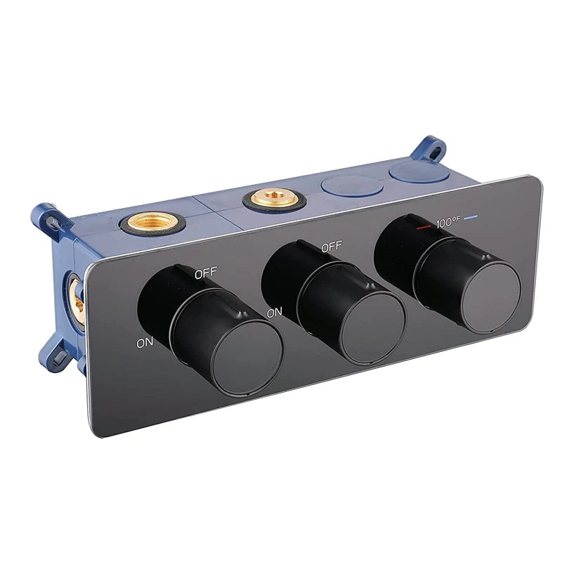 3-Handle Multi-Function Brass 2-Way Shower Diverter Thermostatic Concealed Mixing Valve with Chrome Finish Tempered Glass Panel