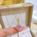 Newest Fashion Jewelry Stainless Steel Square Pendant Necklace Gold Plated Pink Crystal Choker Necklace for Women Girls