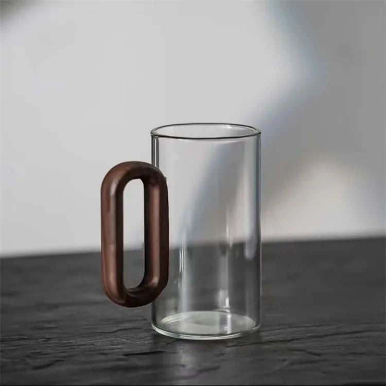 Personalized Classic Glassware Clear Drinking Glasses Heat Resistant High Borosilicate Glass Coffee Mug Cup With Wood Handle