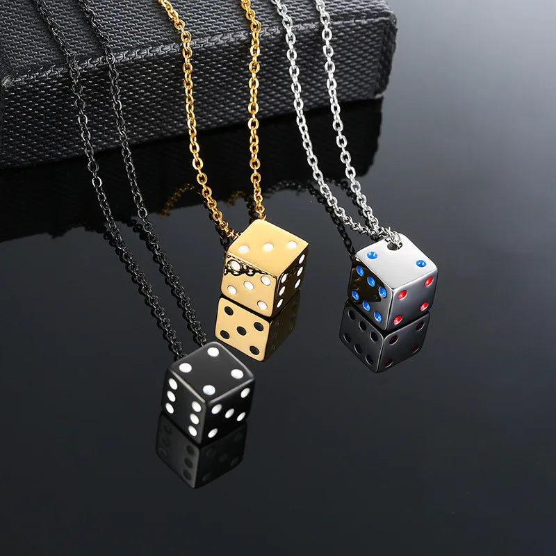 Hip Hop Stainless Steel Jewelry Non Tarnish Charm Necklace Men's Cool Cube Dice Pendant Lucky Gift Necklace for Men Women