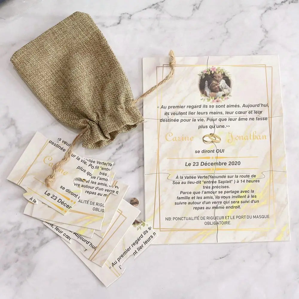 Custom Puzzle Wedding Invitation Cards with Bag