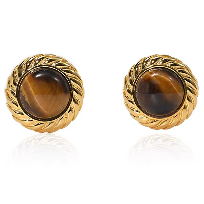 2025 New Brass Electroplated 18k Gold Tiger Eye Stone Round Stud Earrings for Women Jewelry Factory Wholesale