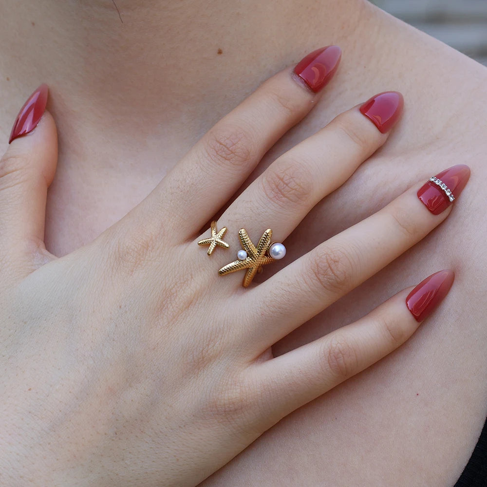 Customized Personalized Hot Sale Starfish Adjustable Rings Fashion 316L Stainless Steel 18K PVD Gold Plated Bezel Setting Pearl