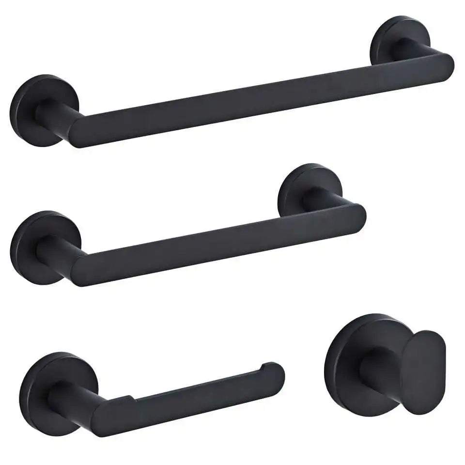 4-Piece Bathroom Accessory Set 304 Stainless Steel Towel Rack Toilet Paper Roll Tissue Holder Black Heater Feature for Hotels