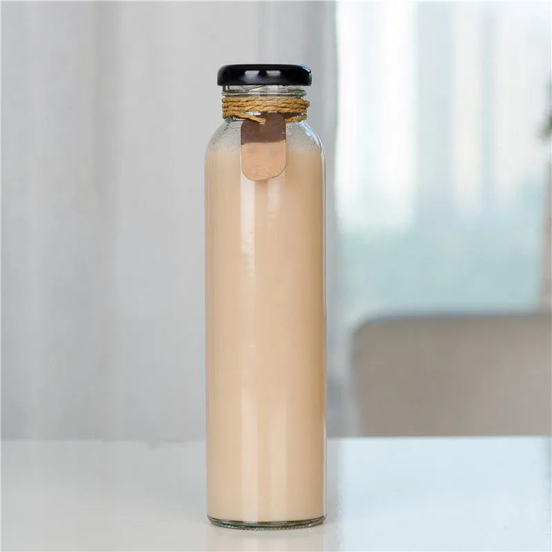 Clear Cylinder Flint Glass Bottle 250ml 300ml 500ml 16oz for Milk Tea Coffee Juice Lemonade Beverage Container With Colorful Lid