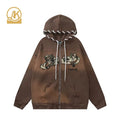 Trendy OEM Chenille Embroidery Zip up Hoodie Acid Washed Oversized Cotton Drawstring Hoodie
