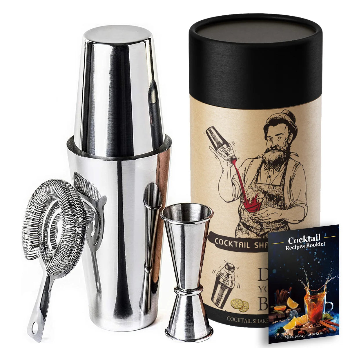 2025 New Arrival Bar Accessories Stainless Steel Jigger Ice Strainer Mix Drink Cocktail Shakers Gift Set