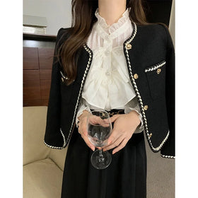 Black Waterproof Polyester Vintage Tweed Coat Women's Spring Autumn England Style Casual Short Top