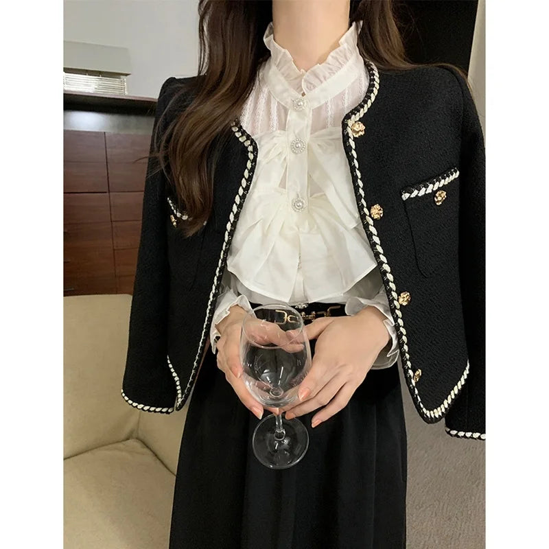 Black Waterproof Polyester Vintage Tweed Coat Women's Spring Autumn England Style Casual Short Top