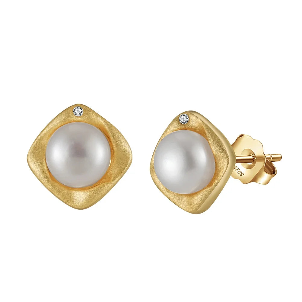 RINNTIN GPE99 Pearl Gold Large Earrings Solid 925 Sterling Silver Round 6 mm Genuine Ome Clasp Jewelry for Women
