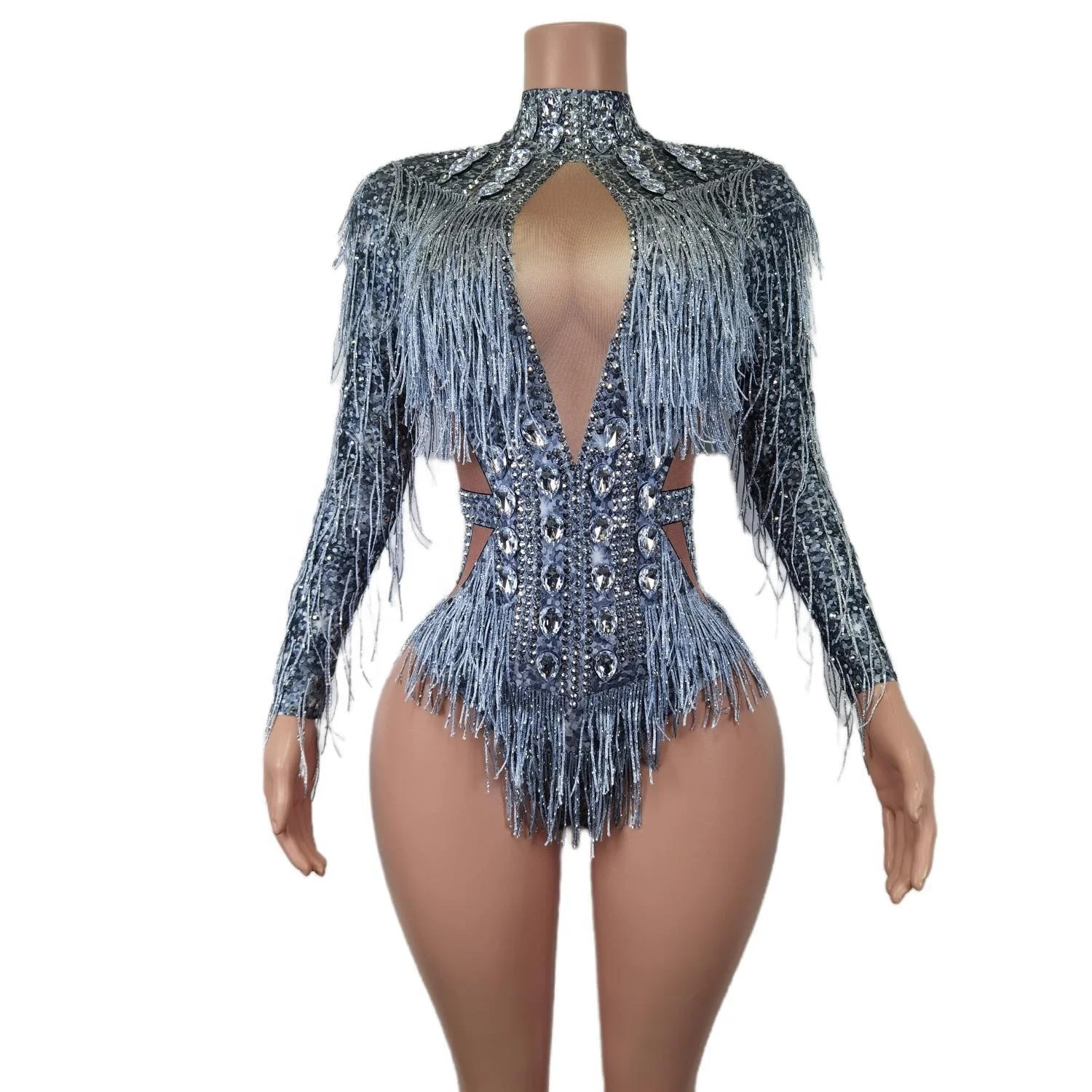 Sexy Long Sleeve Tassel Crystal Short Bodysuits Drag Queen Pole Dancer Wear Spandex Women Romper Performance Rhinestone Jumpsuit