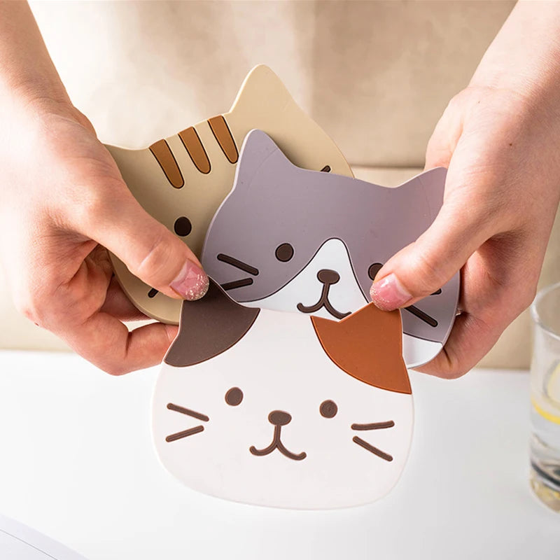 Cute Animal Cat Shaped Tea Coaster Cup Holder Mat Coffee Drinks Silicone Soft PVC Bowl Pad Placemat Kitchen Accessories