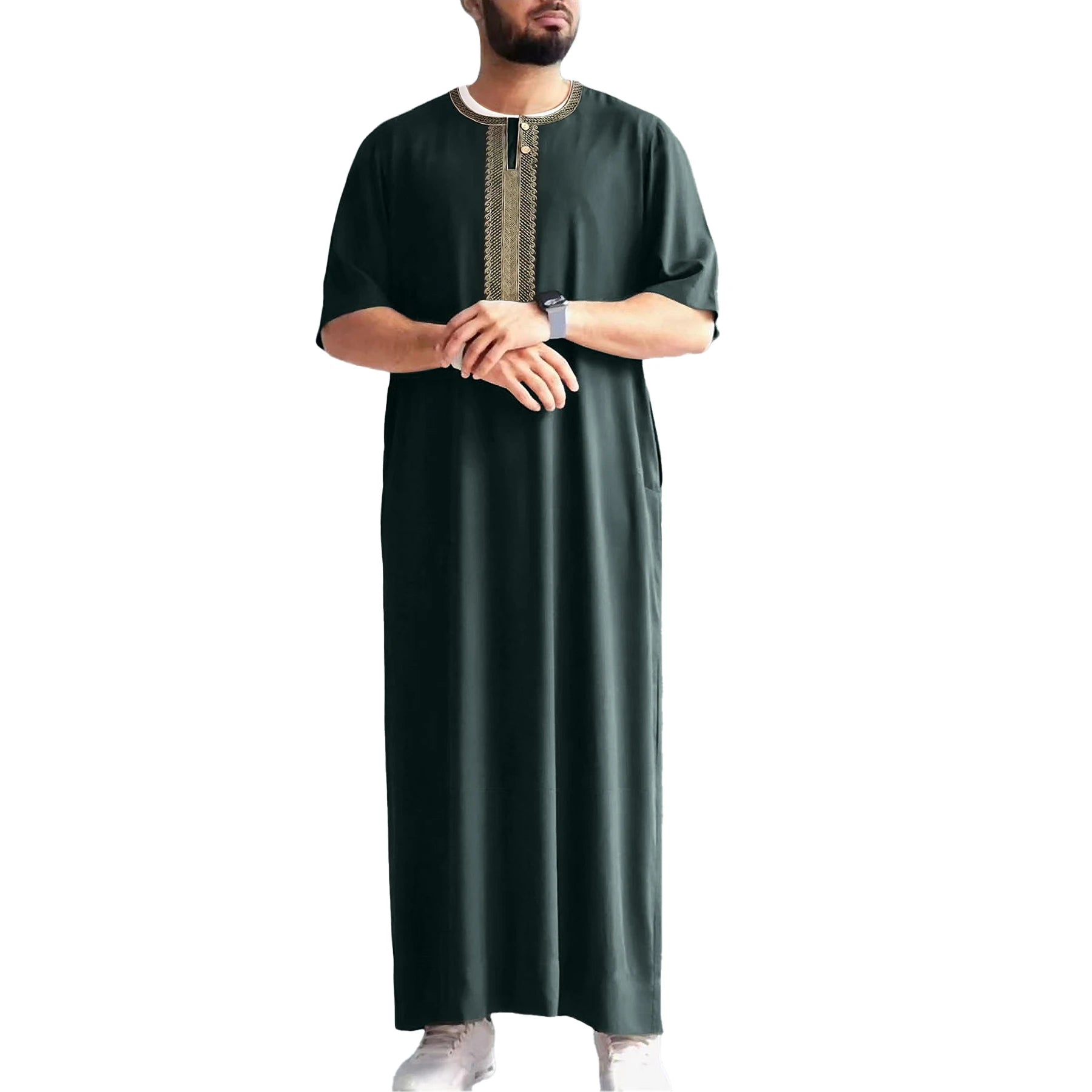 2024 Embroidered Traditional Men Jalabiyas Jubbah Navy Blue Muslim Men's Thobe Islamic Clothing Ramadan Thobe Robe