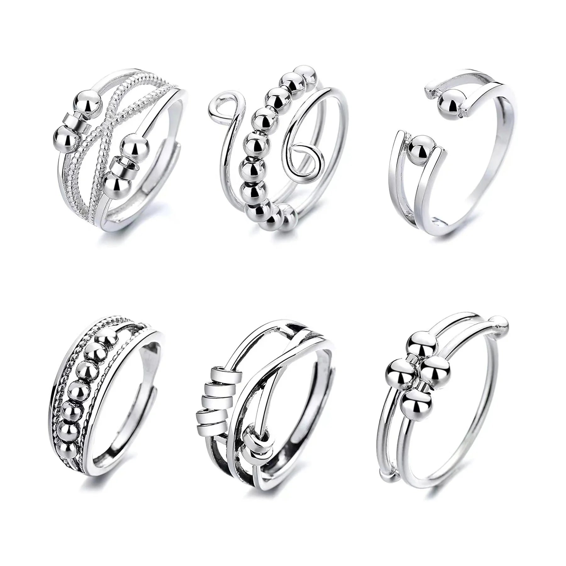 BINSHUO Wholesale Rotating Beads Anxiety Ring Set for Women Men Anti Stress Adjustable Fidget Ring Antistress Spiral