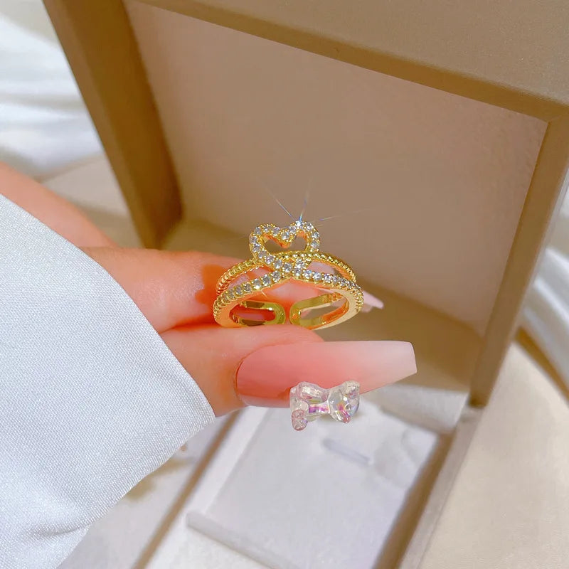 Acero Inoxidable Full Zircon Sparkling Shiny Gold Open Ring Bling Rhinestone Crystal Layers Heart Finger Ring