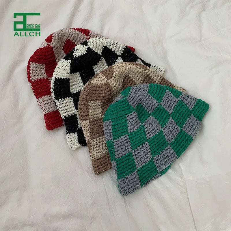 ALLCH RTS Unisex Handmade Crochet Knit Checkered Four Seasons Bucket Hat Brim Sun Protective 100% Acrylic Casual Fishing Scenes