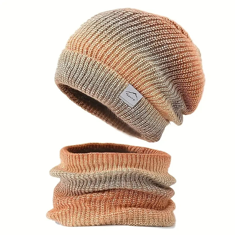 Gradient Color Thickened Warm Ear Protector Neck Scarf Wool Knit Cap and Ski Hat Two-Piece Set for Sports Snowboarding Skiing