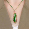Trendy 18K Gold Plated Artificial Stone Green Jade Pendant Necklace Jewelry Teardrop Jade Necklace Chalcedony Pendant Necklace